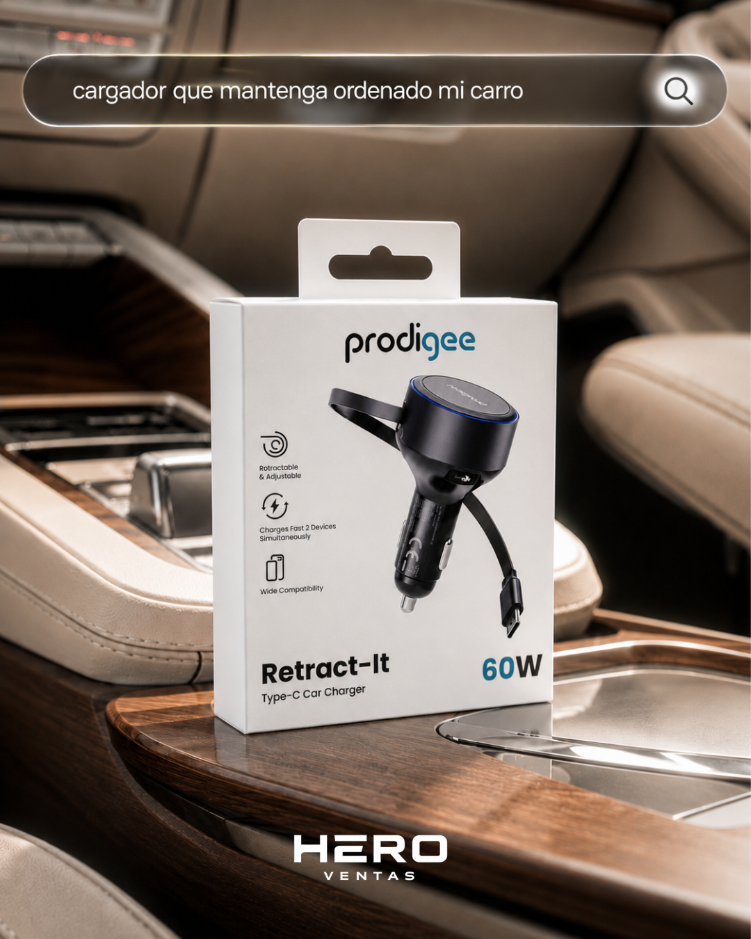 ProdiGee Energee Retract-It | Cargador De Carro Cable Retractil