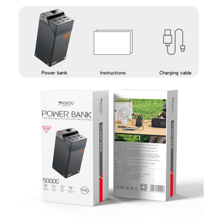 Power Bank 50,000mAh PD 20W, SCP 22.5W con Pantalla LED y 6 Puertos