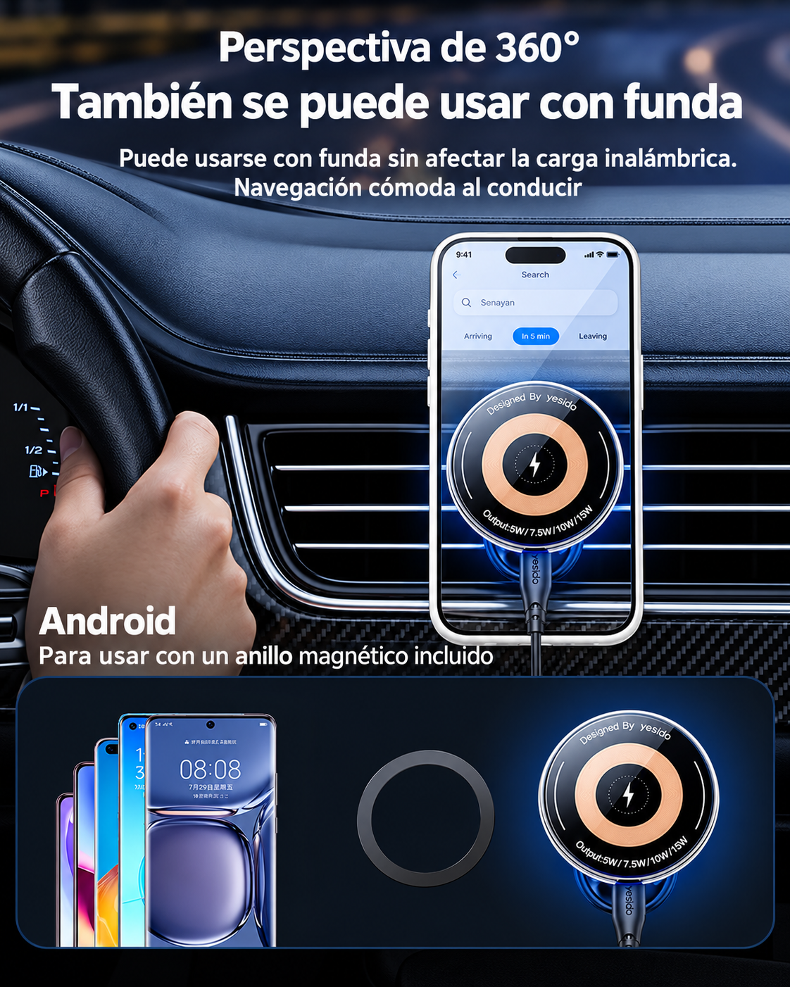 Soporte magnético para carro Yesido C308 con cargador inalámbrico 15 W
