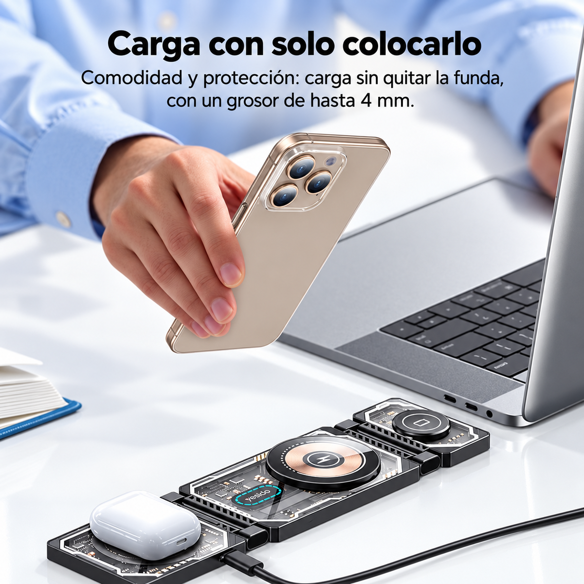 Cargador Inalámbrico Plegable Yesido DS25 3 en 1 para iPhone, AirPods y Apple Watch