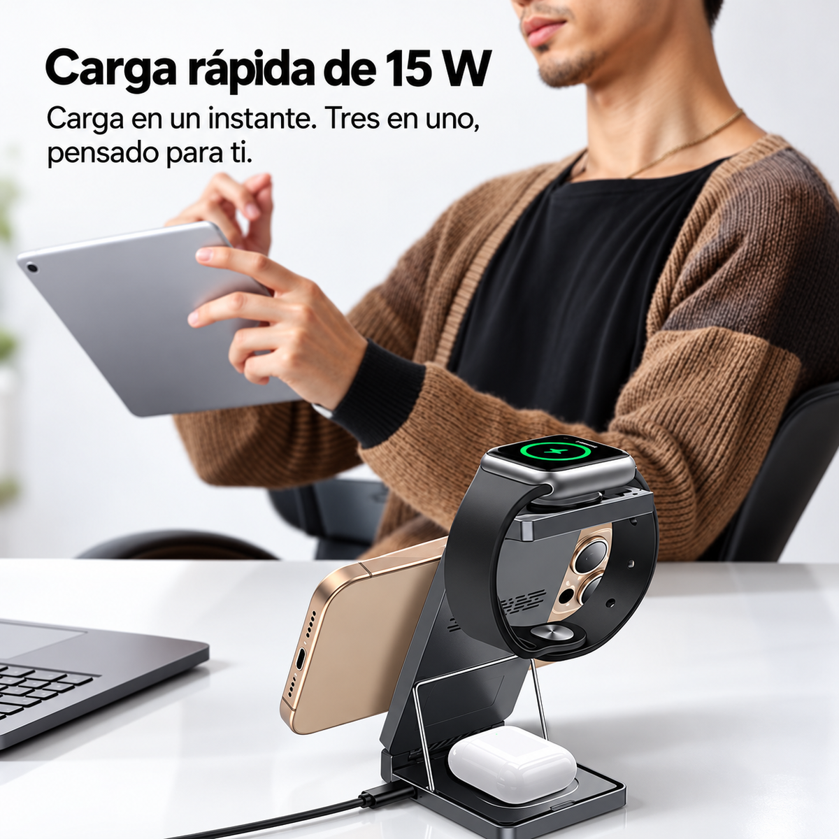 Cargador Inalámbrico Plegable Yesido DS25 3 en 1 para iPhone, AirPods y Apple Watch