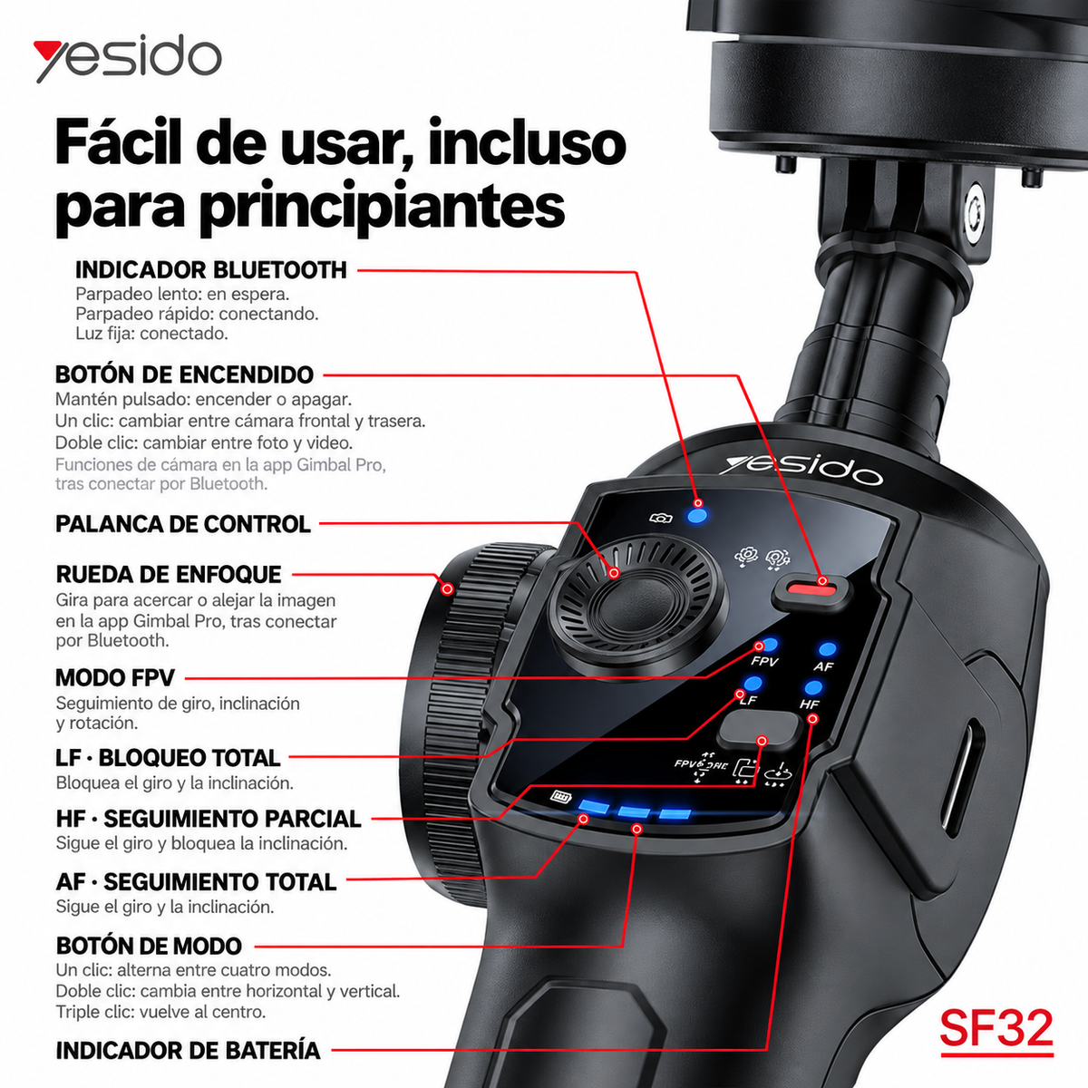 YESIDO SF32 Pro: gimbal estabilizador con varilla telescópica
