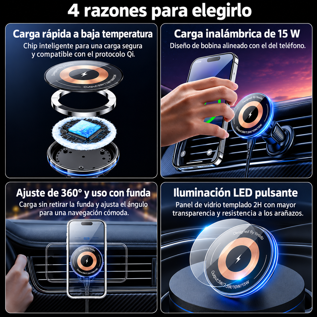 Soporte magnético para carro Yesido C308 con cargador inalámbrico 15 W