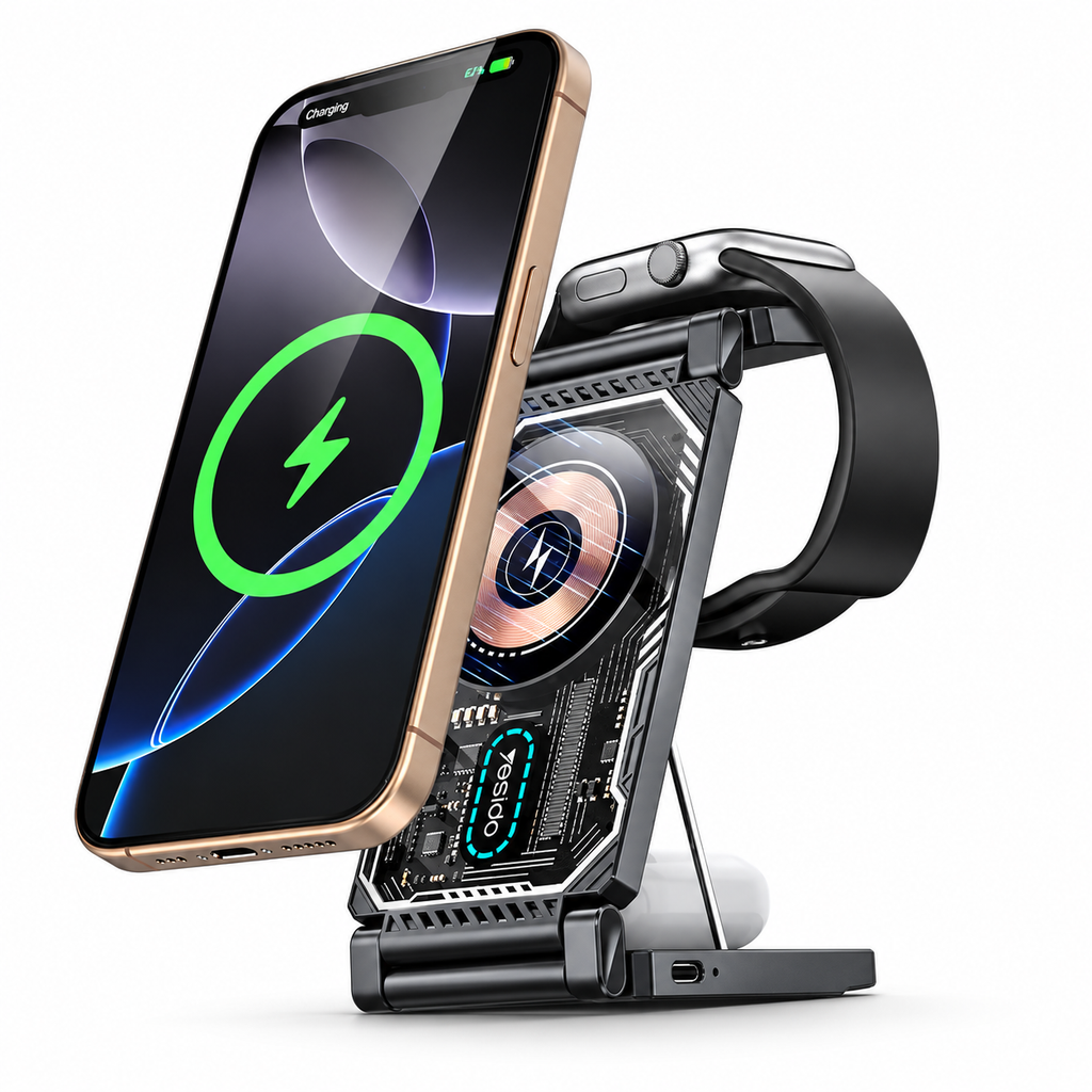 Cargador Inalámbrico Plegable Yesido DS25 3 en 1 para iPhone, AirPods y Apple Watch