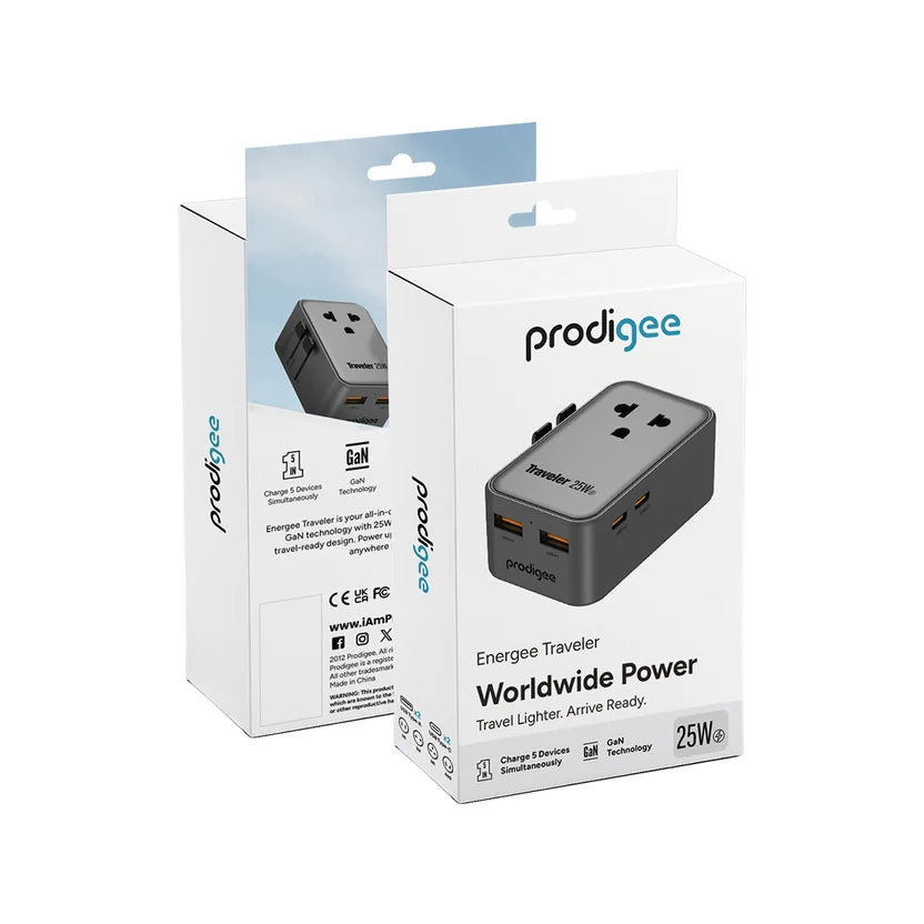 Cargador de Viaje Universal Prodigee Energee Traveler 25W GaN – 4 Puertos USB-C y USB-A